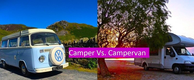 A camper and a campervan in an open field below the sky