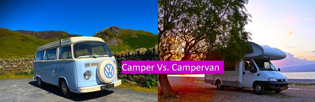 A camper and a campervan in an open field below the sky
