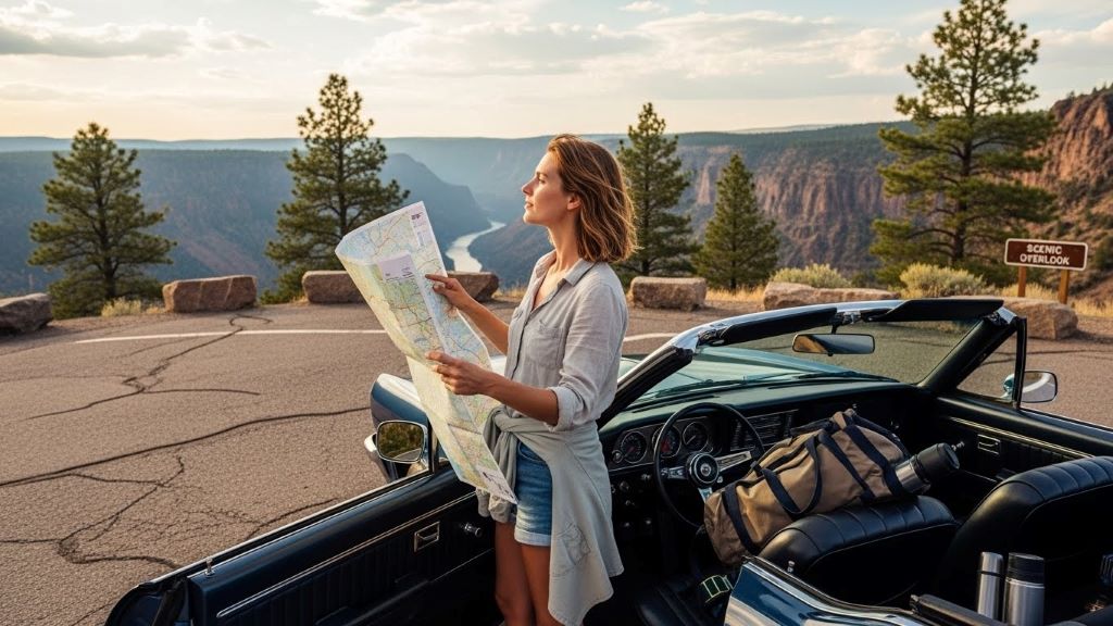 Solo female driver checking road map while standing next to car parked at scenic highway rest stop