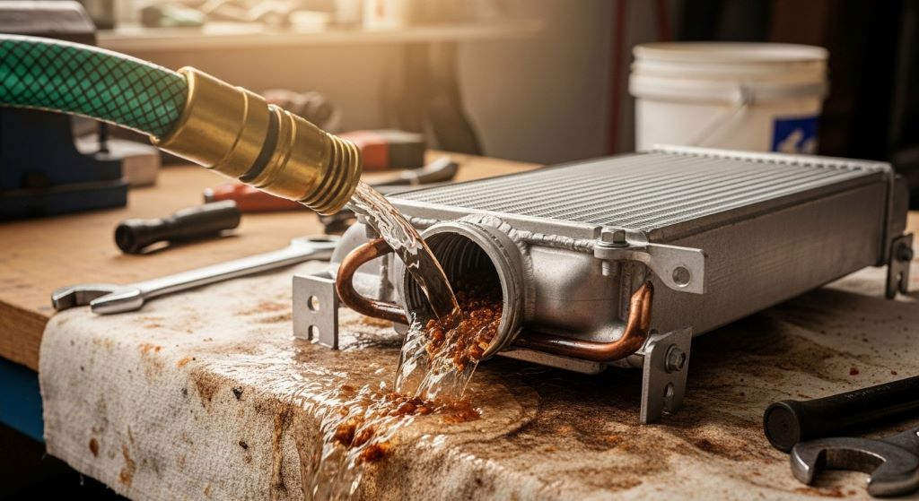 Garden hose connected to disconnected heater core inlet performing reverse flush to clear blockage and debris