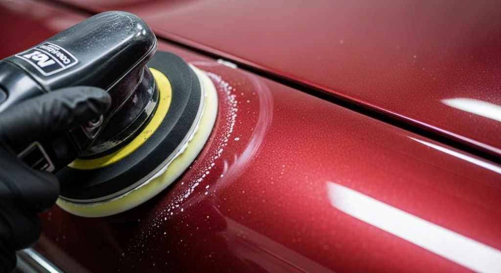 Close-up of a vintage car paint surface being detailed with a dual-action polisher and soft pad