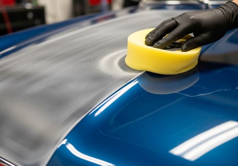Soft foam polishing pad being used on a classic car hood to restore paint shine