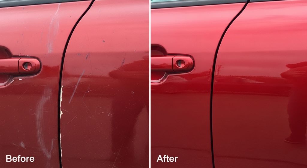 Before and after comparison of budget car paint job showing quality results