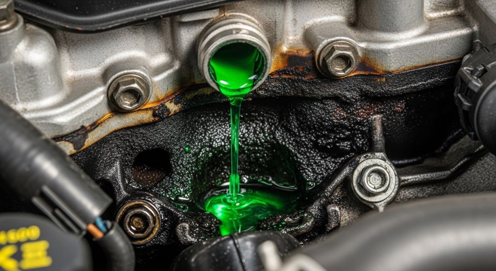 Close-up of a car engine with visible coolant leak and burn marks