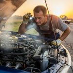 Mechanic inspecting a smoking car engine after overheating on the roadside