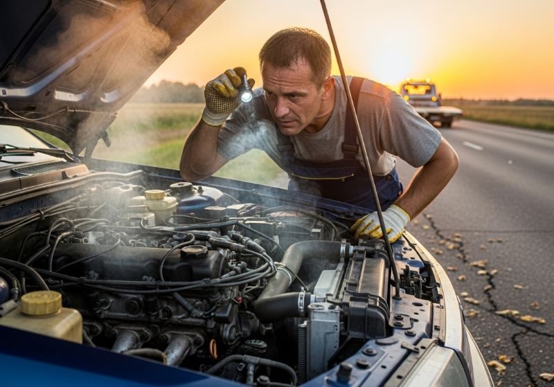 Mechanic inspecting a smoking car engine after overheating on the roadside