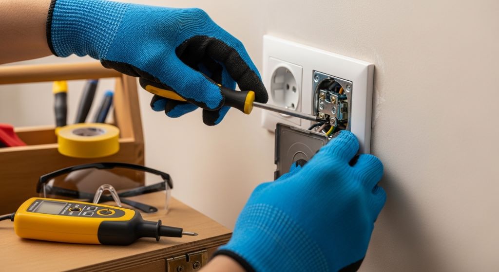 A homeowner using home maintenance tools to repair an electrical outlet, with safety gloves and a non-contact voltage tester visible nearby