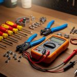 A well-organized electrical repair kit laid out on a workbench, including insulated screwdrivers, wire strippers, a multimeter, and a non-contact voltage tester