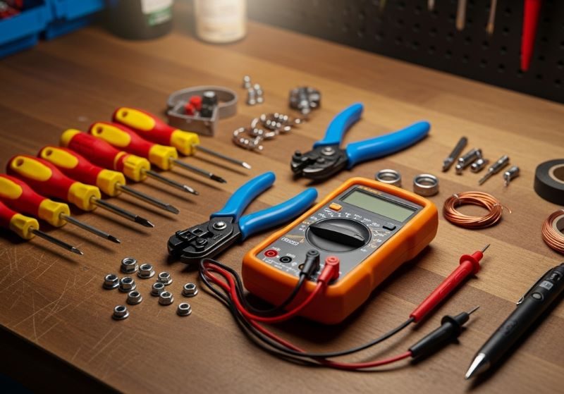 A well-organized electrical repair kit laid out on a workbench, including insulated screwdrivers, wire strippers, a multimeter, and a non-contact voltage tester