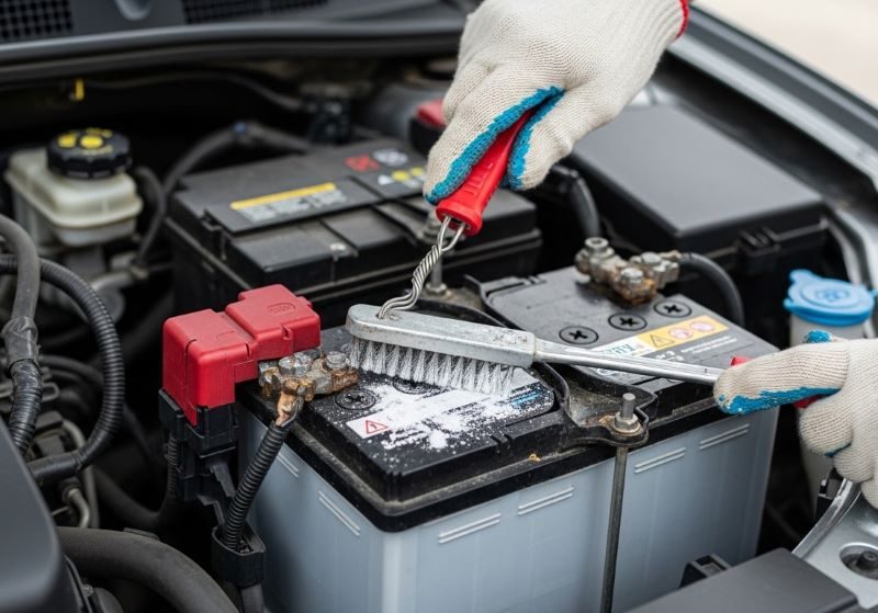Cleaning car battery terminals with a brush