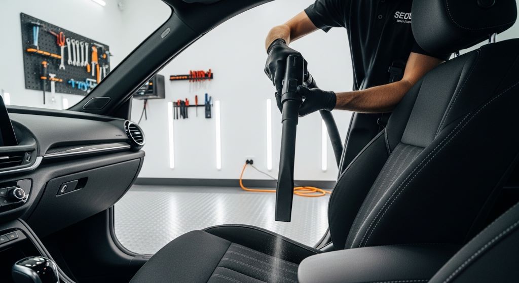 Close-up of a car detailing vacuum being used on a vehicle interior inside a clean, well-organized garage
