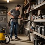 A man using a shop vacuum with a crevice tool to clean garage shelves and remove garage dust with proper vacuum tools