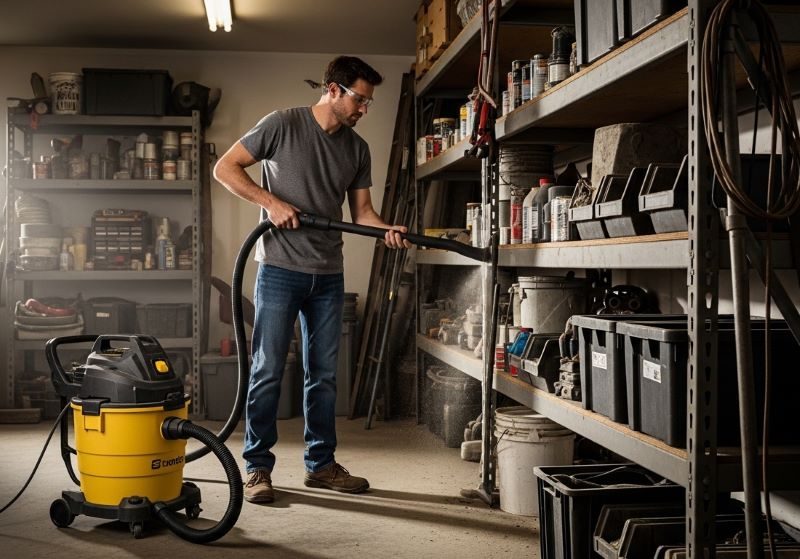 A man using a shop vacuum with a crevice tool to clean garage shelves and remove garage dust with proper vacuum tools