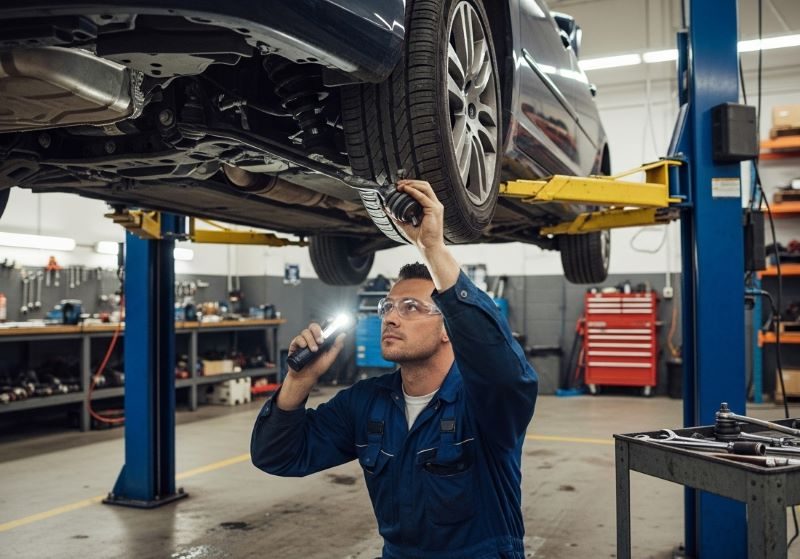 Mechanic inspecting car suspension and steering components under a lifted vehicle