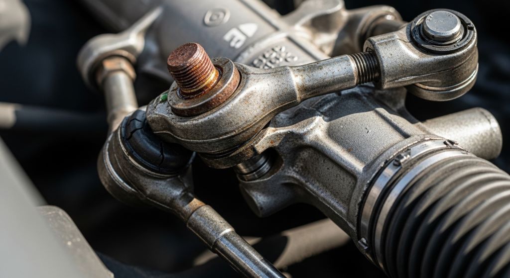 Close-up of worn steering rack and tie rod ends causing loose steering feel