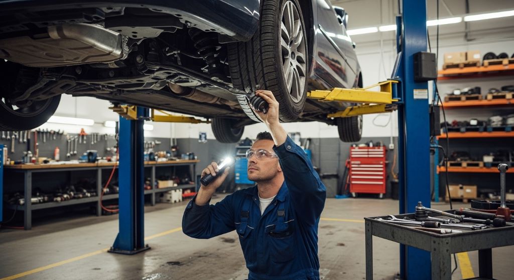 Mechanic inspecting car suspension and steering components under a lifted vehicle