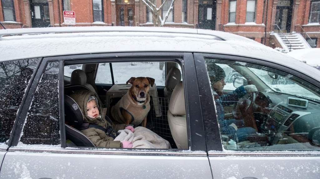 Boston family preparing vehicle emergency kit for winter travel
