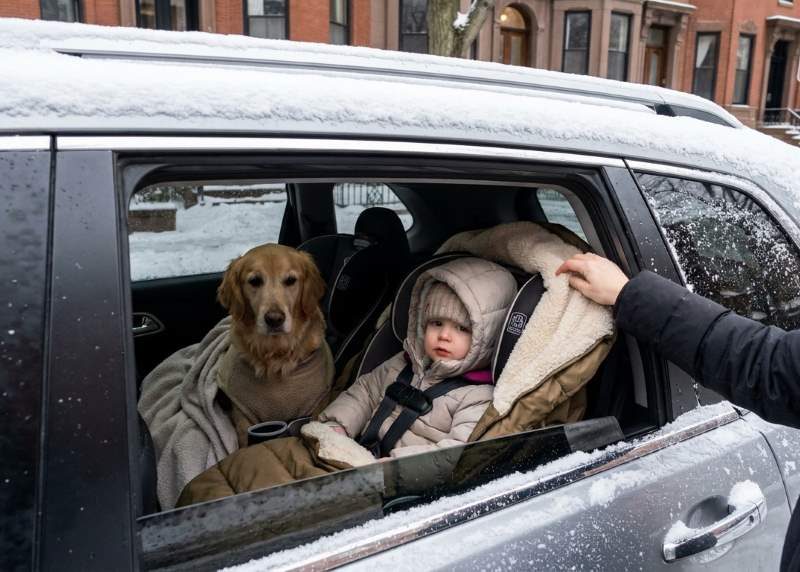 Child secured safely inside warm vehicle during Boston winter