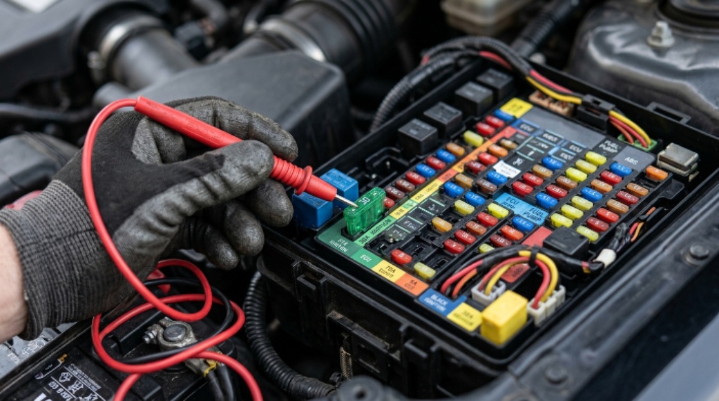 Close-up of a multimeter probe touching a car fuse with a fuse box open in the background