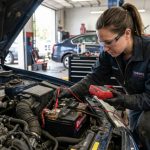 A mechanic using a red digital multimeter to test a car battery terminal in an open engine bay