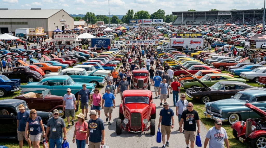 Crowd of car enthusiasts walking among vintage and custom vehicles at the NSRA Street Rod Nationals East 2026 in York Pennsylvania