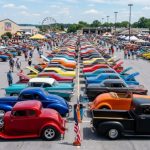 Rows of custom street rods and classic cars on display at the NSRA Street Rod Nationals East at York Expo Center in Pennsylvania