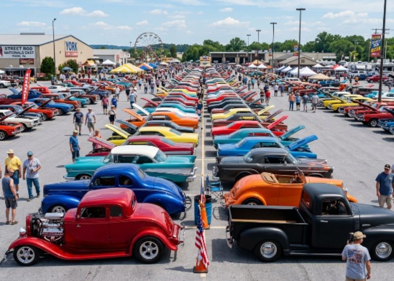 Rows of custom street rods and classic cars on display at the NSRA Street Rod Nationals East at York Expo Center in Pennsylvania