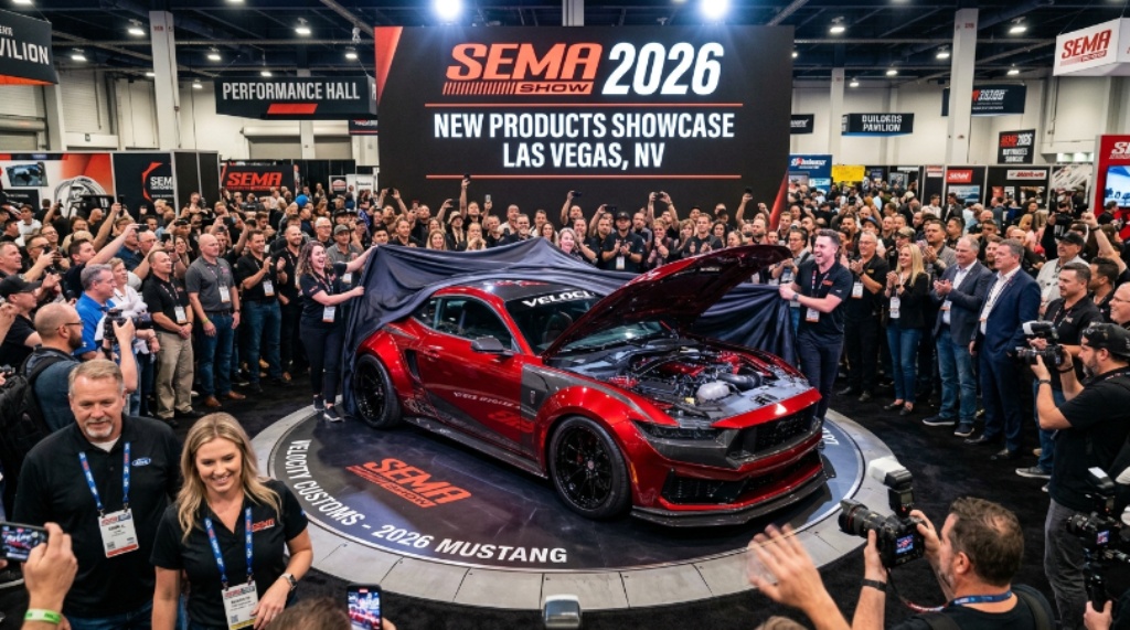 A gleaming high-performance custom car unveiled at the SEMA Show 2026 New Products Showcase in Las Vegas, surrounded by automotive industry professionals