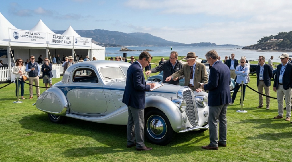 Classic 1930s streamliner automobile judged at the 2026 Pebble Beach Concours d'Elegance on the 18th fairway of Pebble Beach Golf Links