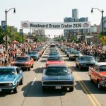 Rows of classic muscle cars and vintage vehicles cruising along Woodward Avenue during the Woodward Dream Cruise 2026 in Metro Detroit