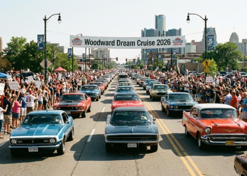 Rows of classic muscle cars and vintage vehicles cruising along Woodward Avenue during the Woodward Dream Cruise 2026 in Metro Detroit