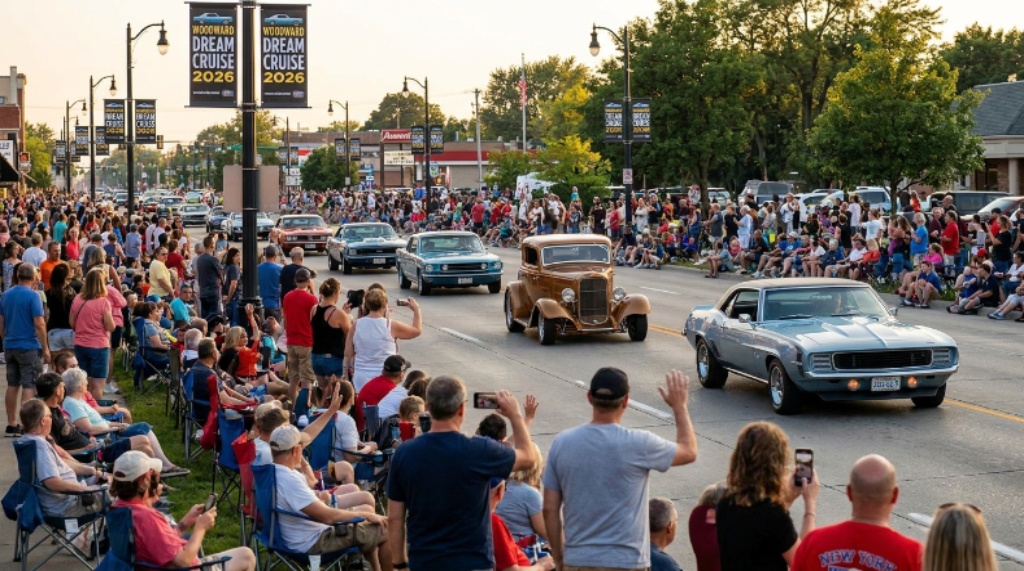 Spectators lining Woodward Avenue to watch hot rods and vintage classics roll past during the Woodward Dream Cruise 2026