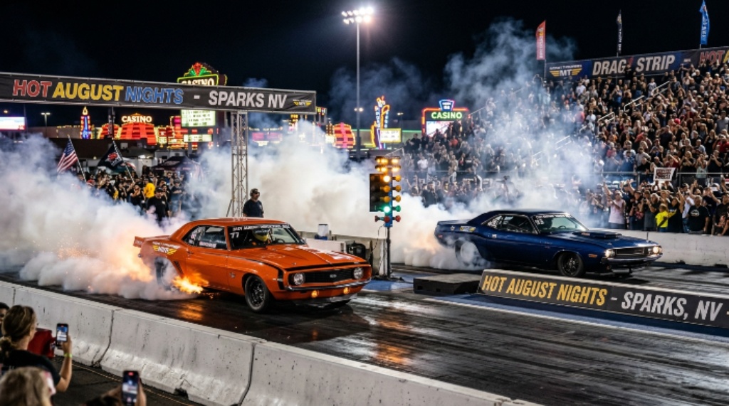 Night drag race burnout competition at Hot August Nights Sparks Nevada