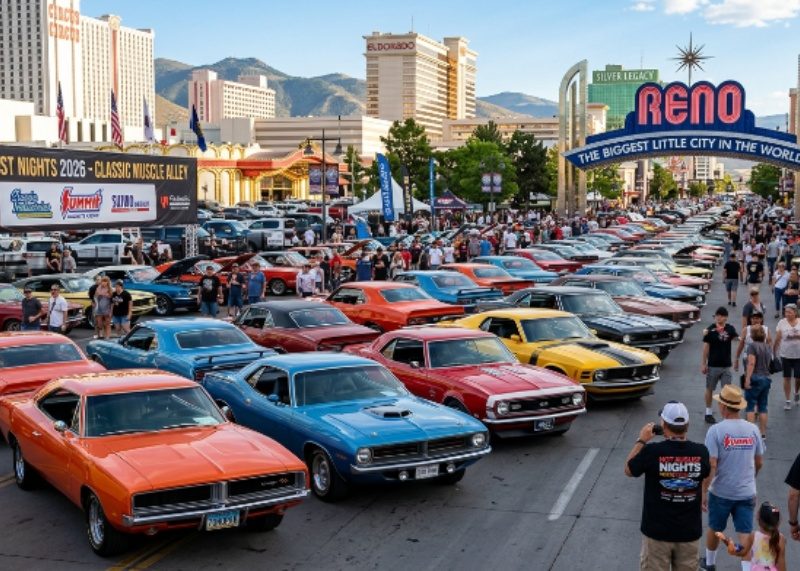 Rows of classic American muscle cars at Hot August Nights Reno 2026
