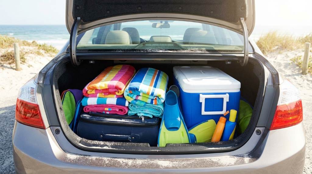 Organized beach luggage packed safely inside a vehicle trunk