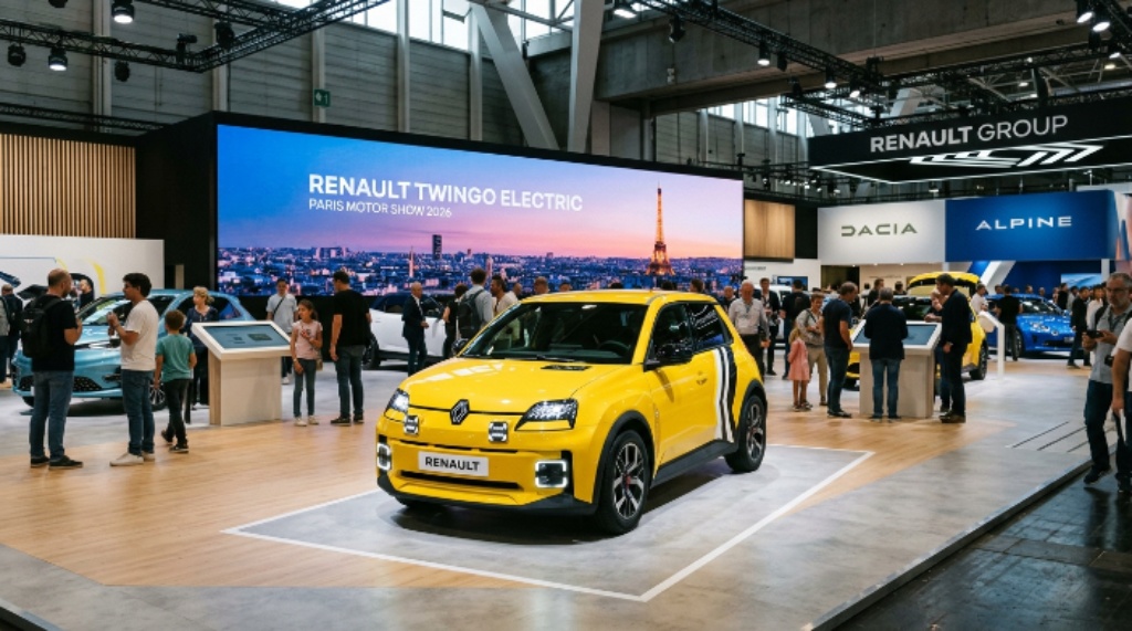The new Renault Twingo electric on display at the Renault Group stand during the Paris Motor Show 2026 at Porte de Versailles in October 2026