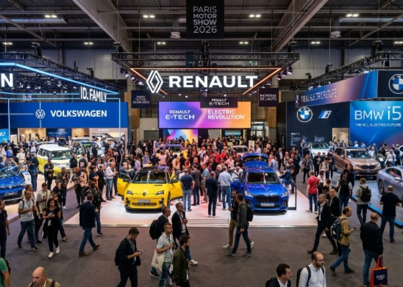 Crowds of car enthusiasts exploring electric vehicle stands from Volkswagen, Renault, and BMW at the Paris Motor Show 2026 inside Paris Expo Porte de Versailles