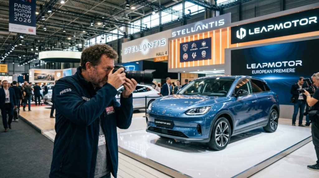 An automotive journalist photographing the Leapmotor B03 European premiere at the Stellantis Hall 4 stand during the 2026 Paris Motor Show