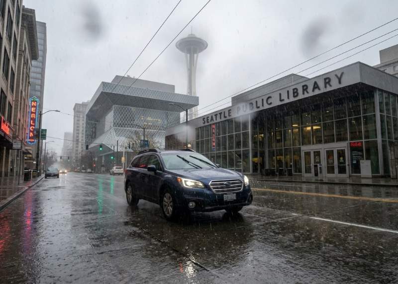 Vehicle dashboard showing driver assistance warning during heavy rain