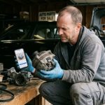 Person inspecting a used auto part before purchasing it from an online marketplace