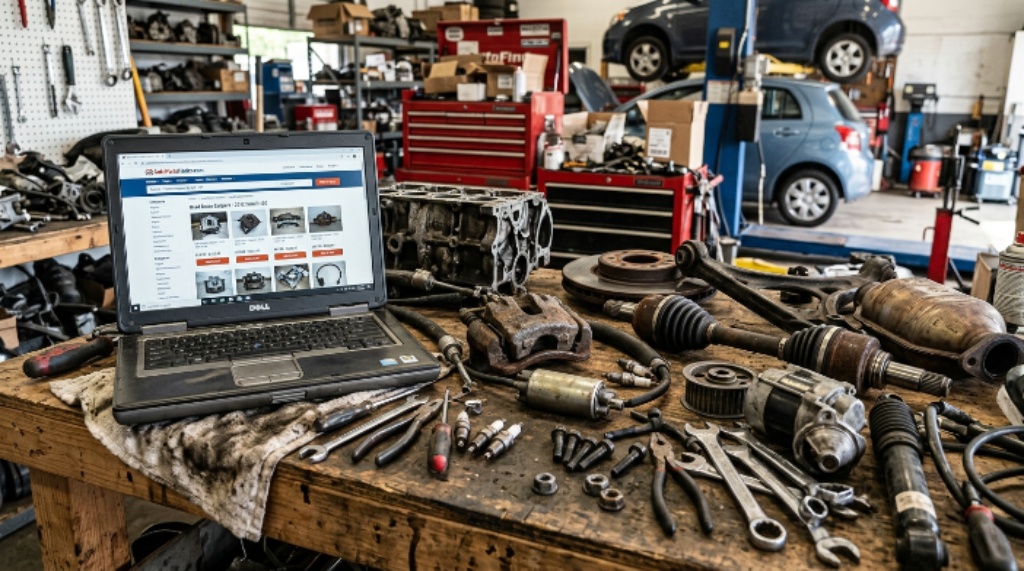 Collection of used car parts with a laptop displaying an online auto parts shopping website