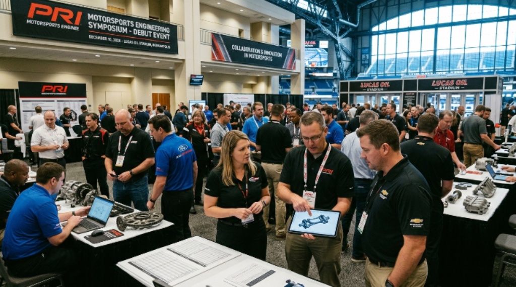 Race engineers and manufacturers collaborating at the debut PRI Motorsports Engineering Symposium on December 10, 2026, at Lucas Oil Stadium in Indianapolis
