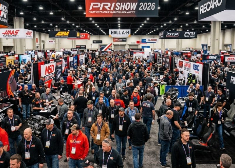 Thousands of motorsports professionals browsing exhibition booths at the 2026 Performance Racing Industry Show at the Indiana Convention Center in Indianapolis