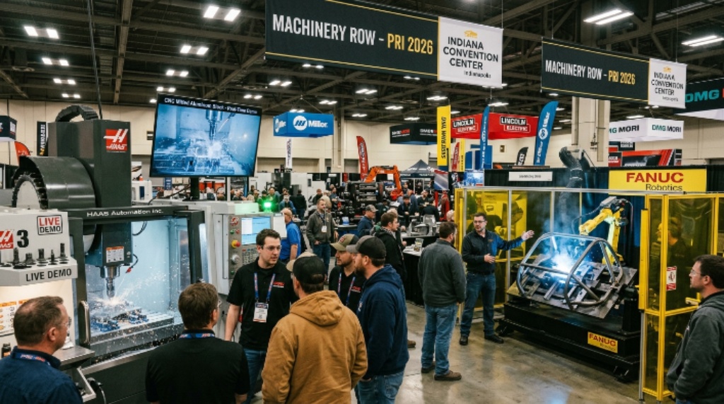 Live CNC machining and fabrication equipment demonstrations at Machinery Row during the 2026 PRI Show at the Indiana Convention Center, Indianapolis
