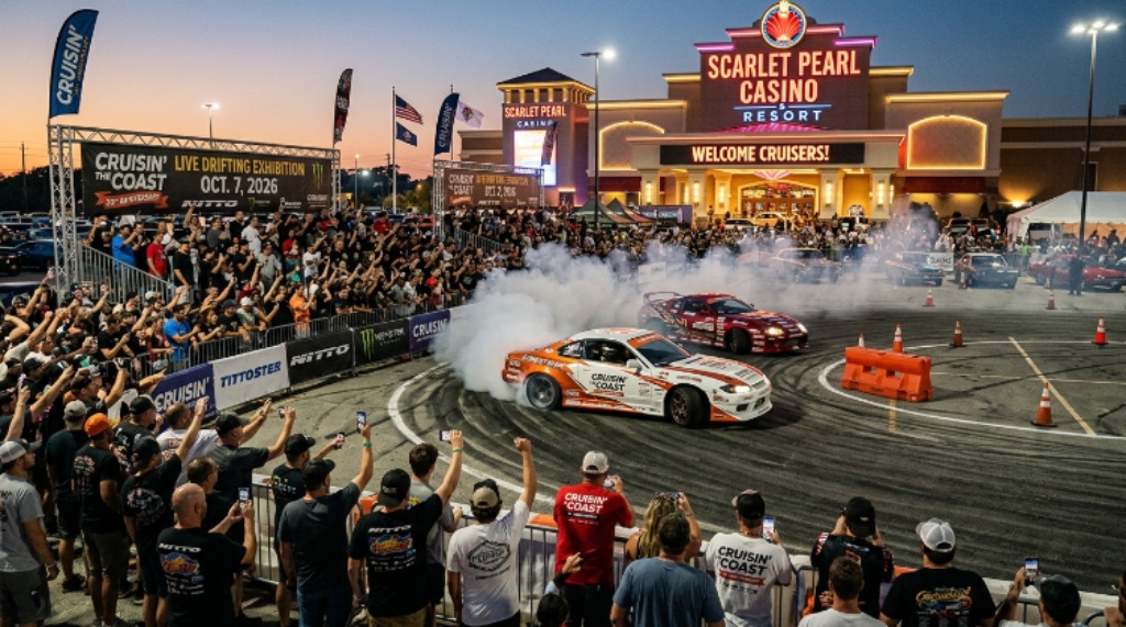 Crowds of car enthusiasts watching a live drifting exhibition at Scarlet Pearl Casino parking lot during the Cruisin' the Coast 30th Anniversary event on October 7, 2026