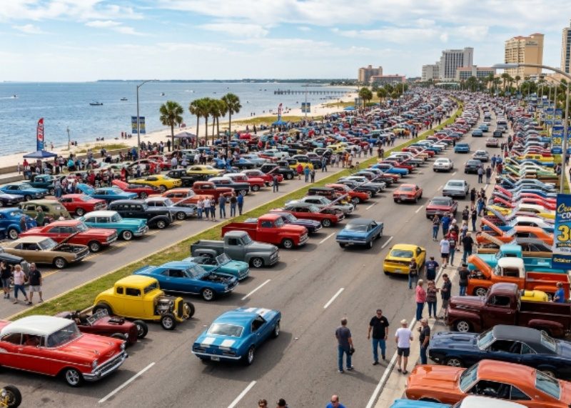 Thousands of classic cars and hot rods lined up along U.S. Route 90 on the Mississippi Gulf Coast during the Cruisin' the Coast 30th Anniversary event in October 2026