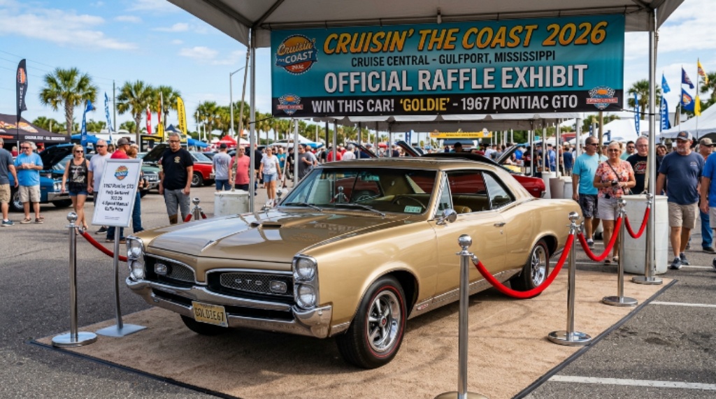 A fully restored 1967 Pontiac GTO nicknamed Goldie on display at the Cruisin' the Coast 2026 raffle exhibit at Cruise Central in Gulfport, Mississippi