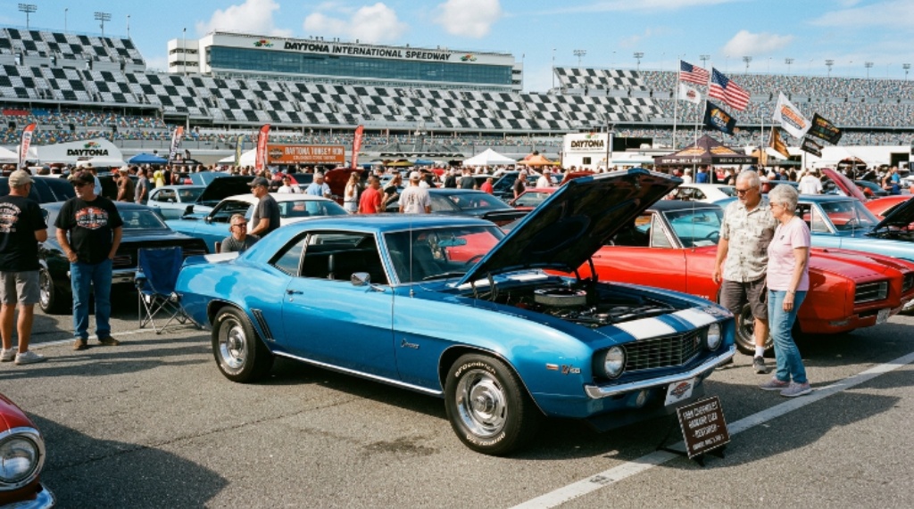 A beautifully restored 1960s Chevrolet Camaro on display at the Daytona Turkey Run classic car show