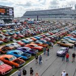 Rows of classic muscle cars parked in the infield at Daytona International Speedway during the Turkey Run 2026