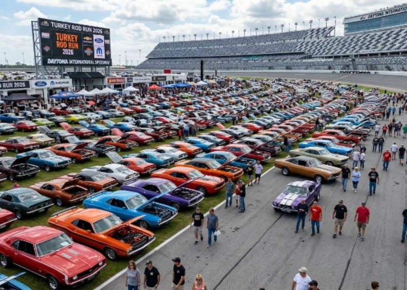 Rows of classic muscle cars parked in the infield at Daytona International Speedway during the Turkey Run 2026